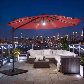 10FT Cantilever Patio Umbrella w/ 36 Solar LED Lights, 360° Rotation Offset Hanging Umbrella, Easy Tilt, 8 Sturdy Ribs, Sun Shade for Yard Pool