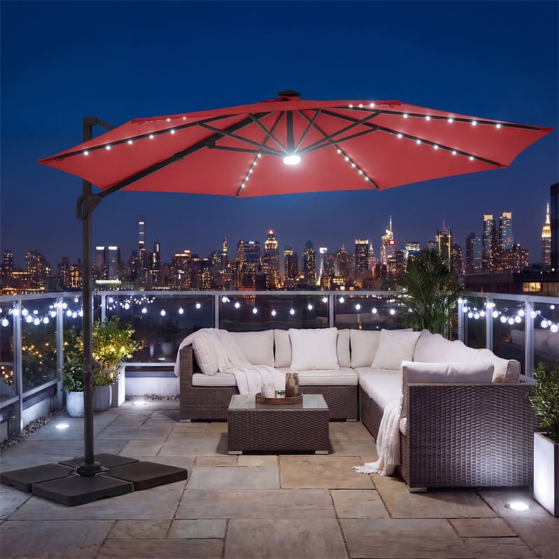 10FT Cantilever Patio Umbrella w/ 36 Solar LED Lights, 360° Rotation Offset Hanging Umbrella, Easy Tilt, 8 Sturdy Ribs, Sun Shade for Yard Pool