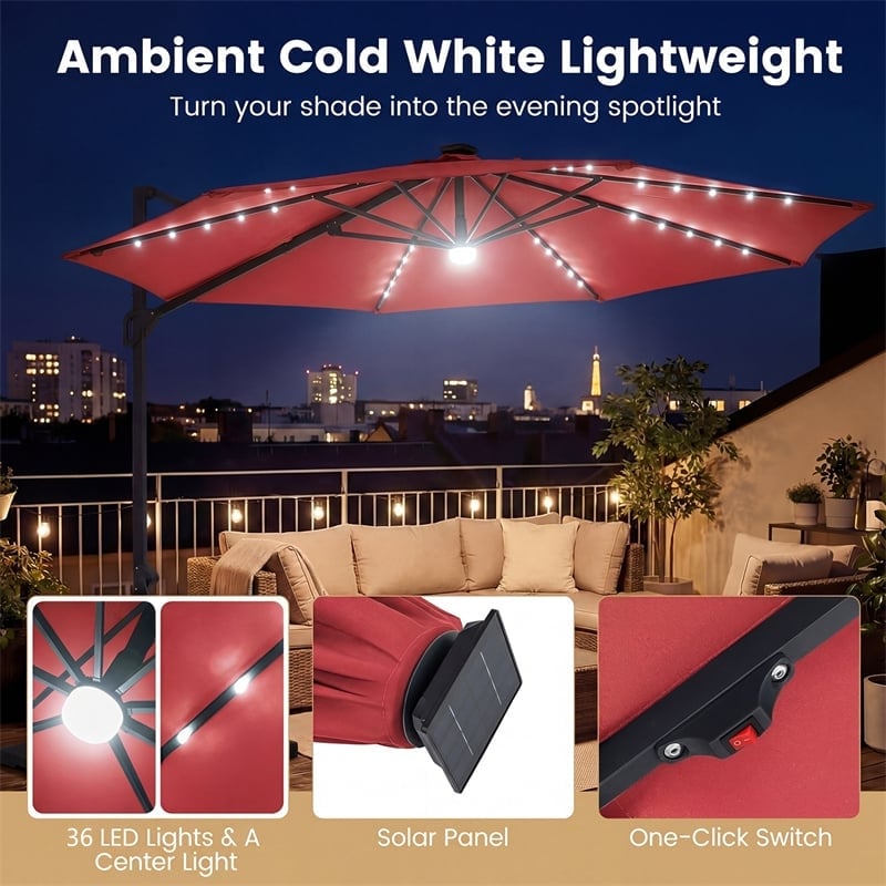 10FT Cantilever Patio Umbrella w/ 36 Solar LED Lights, 360° Rotation Offset Hanging Umbrella, Easy Tilt, 8 Sturdy Ribs, Sun Shade for Yard Pool