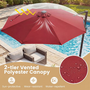 10FT Cantilever Patio Umbrella w/ 36 Solar LED Lights, 360° Rotation Offset Hanging Umbrella, Easy Tilt, 8 Sturdy Ribs, Sun Shade for Yard Pool