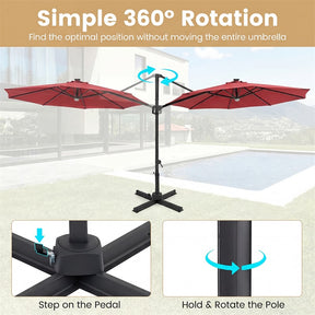 10FT Cantilever Patio Umbrella w/ 36 Solar LED Lights, 360° Rotation Offset Hanging Umbrella, Easy Tilt, 8 Sturdy Ribs, Sun Shade for Yard Pool