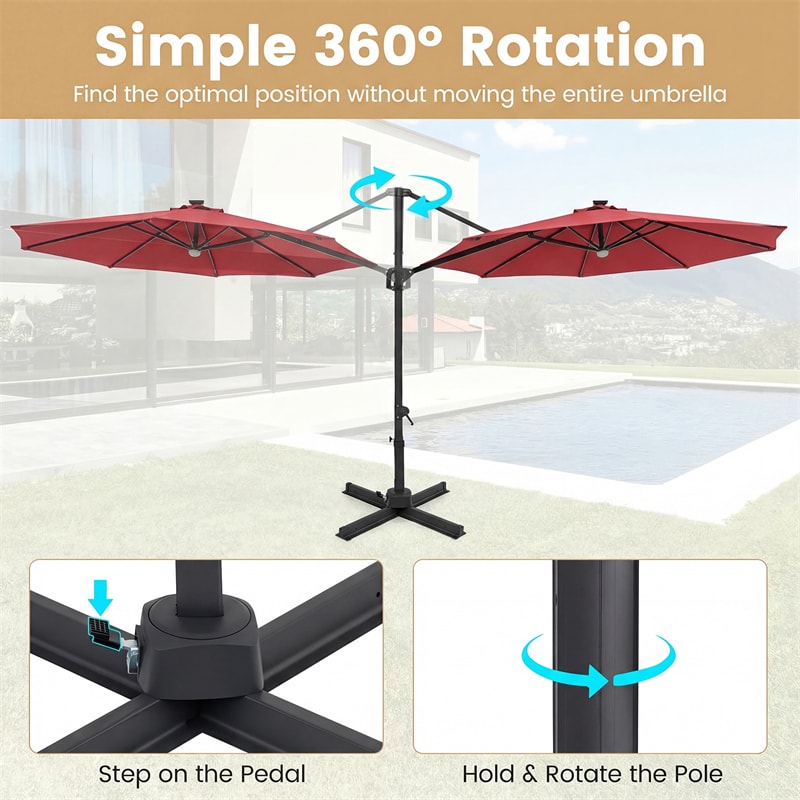 10FT Cantilever Patio Umbrella w/ 36 Solar LED Lights, 360° Rotation Offset Hanging Umbrella, Easy Tilt, 8 Sturdy Ribs, Sun Shade for Yard Pool
