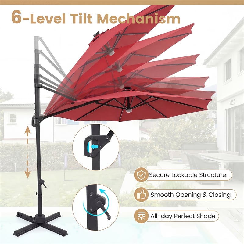 10FT Cantilever Patio Umbrella w/ 36 Solar LED Lights, 360° Rotation Offset Hanging Umbrella, Easy Tilt, 8 Sturdy Ribs, Sun Shade for Yard Pool