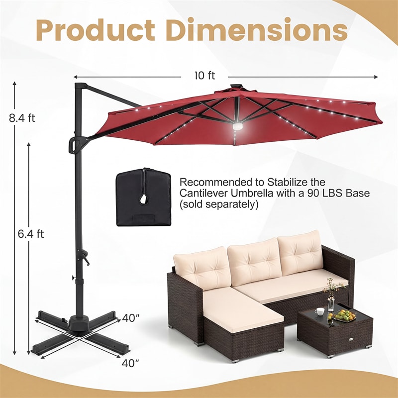 10FT Cantilever Patio Umbrella w/ 36 Solar LED Lights, 360° Rotation Offset Hanging Umbrella, Easy Tilt, 8 Sturdy Ribs, Sun Shade for Yard Pool