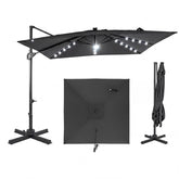 10 FT Cantilever Patio Umbrella with 32 Solar LED Lights, 360° Rotation & Easy Tilt, Square Outdoor Offset Hanging Umbrella with Cross Base