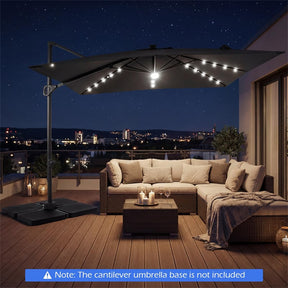 10 FT Cantilever Patio Umbrella with 32 Solar LED Lights, 360° Rotation & Easy Tilt, Square Outdoor Offset Hanging Umbrella with Cross Base