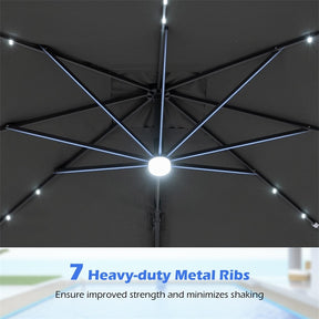 10 FT Cantilever Patio Umbrella with 32 Solar LED Lights, 360° Rotation & Easy Tilt, Square Outdoor Offset Hanging Umbrella with Cross Base