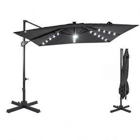 10 FT Cantilever Patio Umbrella with 32 Solar LED Lights, 360° Rotation & Easy Tilt, Square Outdoor Offset Hanging Umbrella with Cross Base