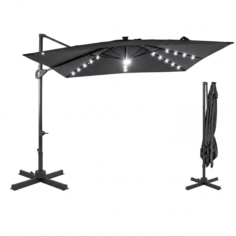 10 FT Cantilever Patio Umbrella with 32 Solar LED Lights, 360° Rotation & Easy Tilt, Square Outdoor Offset Hanging Umbrella with Cross Base