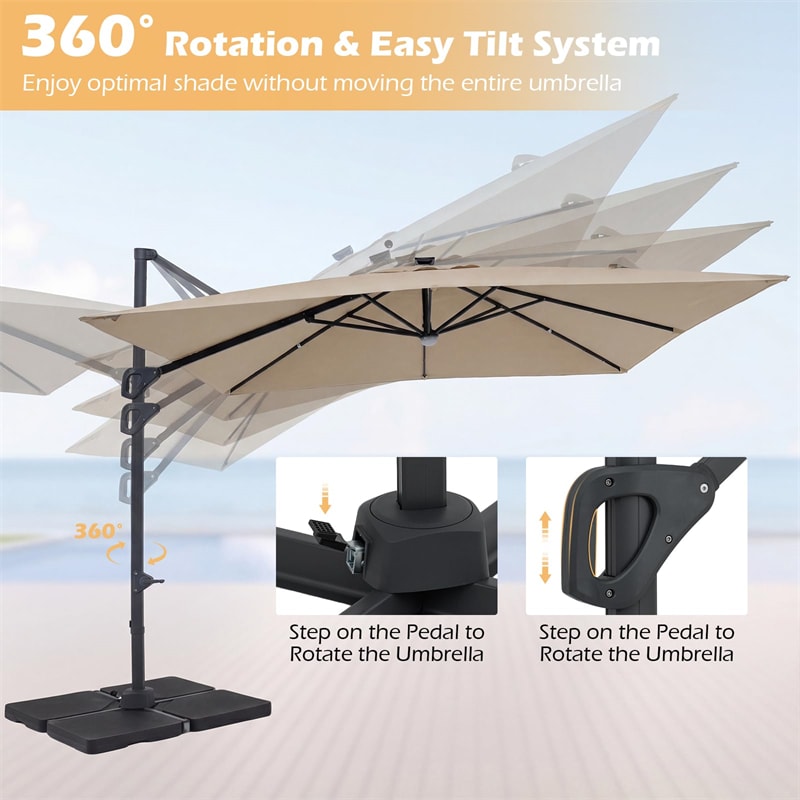10 FT Cantilever Patio Umbrella with 32 Solar LED Lights, 360° Rotation & Easy Tilt, Square Outdoor Offset Hanging Umbrella with Cross Base
