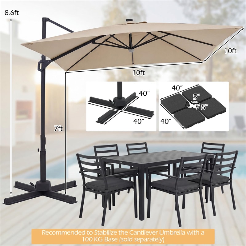 7 ft offset patio umbrella 10 FT Cantilever Patio Umbrella with 32 Solar LED Lights, 360° Rotation & Easy Tilt, Square Outdoor Offset Hanging Umbrella with Cross Base