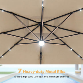 10 FT Cantilever Patio Umbrella with 32 Solar LED Lights, 360° Rotation & Easy Tilt, Square Outdoor Offset Hanging Umbrella with Cross Base