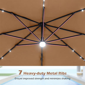 10 FT Cantilever Patio Umbrella with 32 Solar LED Lights, 360° Rotation & Easy Tilt, Square Outdoor Offset Hanging Umbrella with Cross Base
