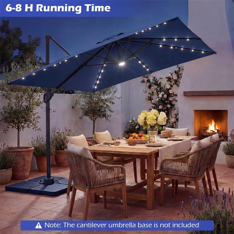 led solar lights for offset patio umbrella 10 FT Cantilever Patio Umbrella with 32 Solar LED Lights, 360° Rotation & Easy Tilt, Square Outdoor Offset Hanging Umbrella with Cross Base