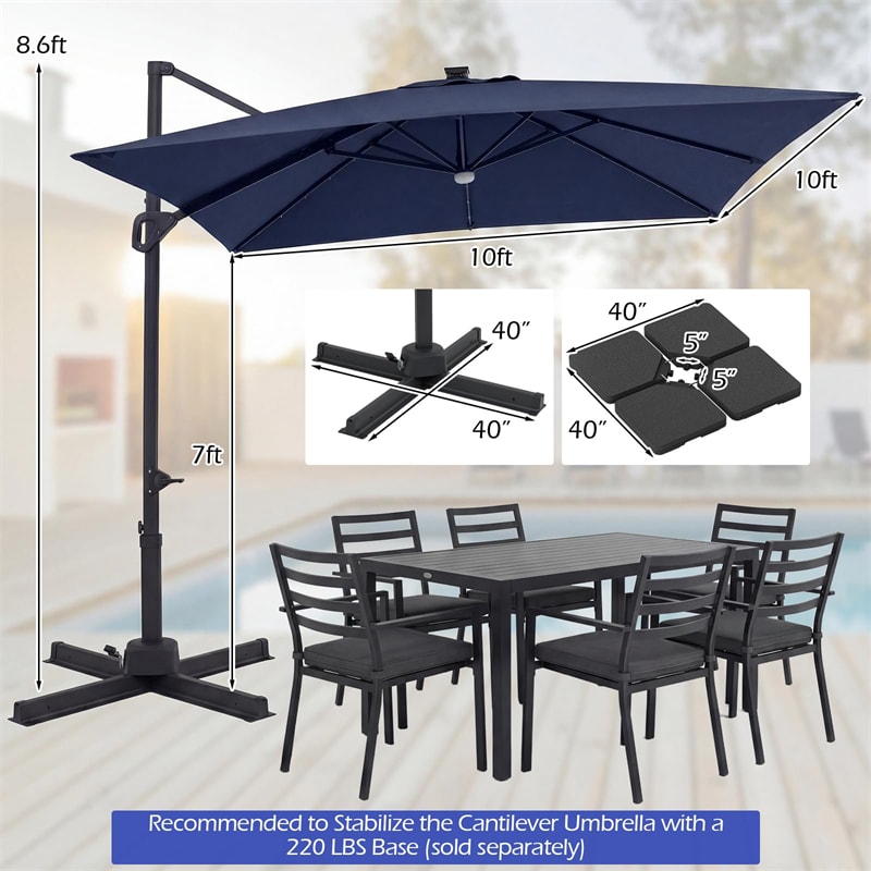 10 FT Cantilever Patio Umbrella with 32 Solar LED Lights, 360° Rotation & Easy Tilt, Square Outdoor Offset Hanging Umbrella with Cross Base