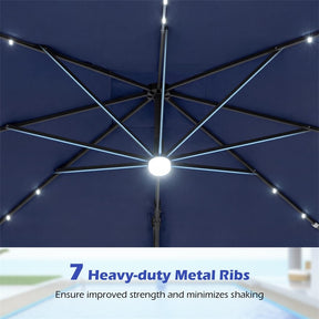 10 FT Cantilever Patio Umbrella with 32 Solar LED Lights, 360° Rotation & Easy Tilt, Square Outdoor Offset Hanging Umbrella with Cross Base
