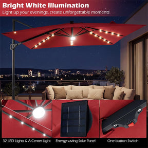10 FT Cantilever Patio Umbrella with 32 Solar LED Lights, 360° Rotation & Easy Tilt, Square Outdoor Offset Hanging Umbrella with Cross Base