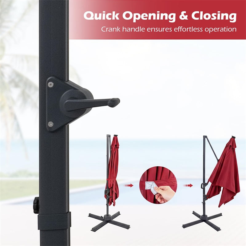 10 FT Cantilever Patio Umbrella with 32 Solar LED Lights, 360° Rotation & Easy Tilt, Square Outdoor Offset Hanging Umbrella with Cross Base