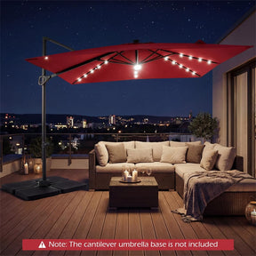 10 FT Cantilever Patio Umbrella with 32 Solar LED Lights, 360° Rotation & Easy Tilt, Square Outdoor Offset Hanging Umbrella with Cross Base