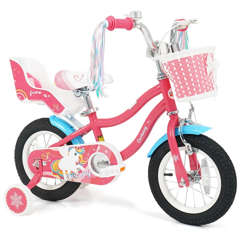 12/14/16/18" Girls Bike with Basket, Doll Seat & Streamers, Removable Training Wheels, Adjustable Kids Bicycle for Ages 3-8 Children Gift