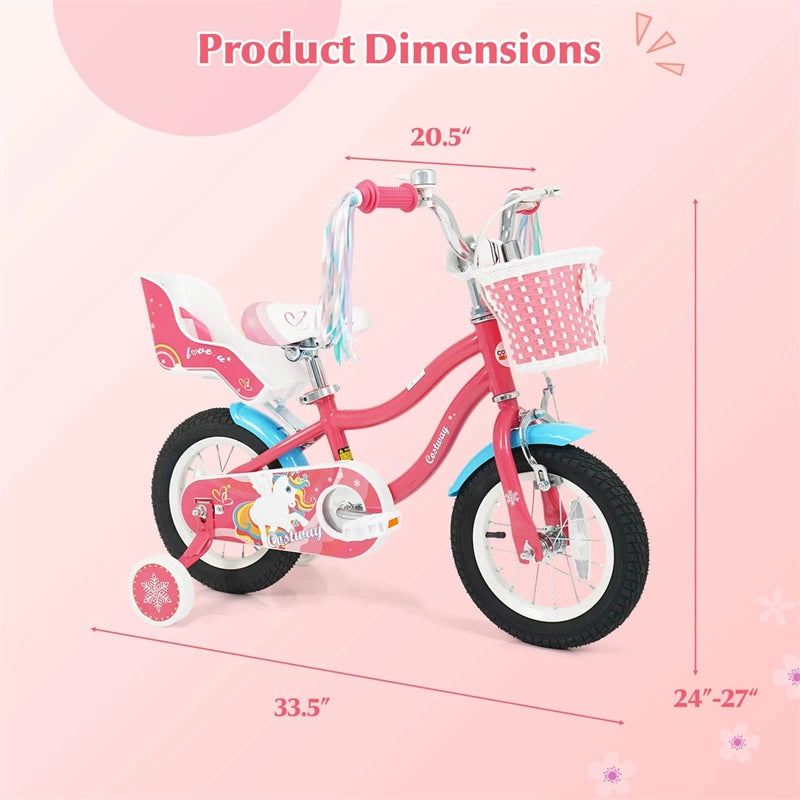 12/14/16/18" Girls Bike with Basket, Doll Seat & Streamers, Removable Training Wheels, Adjustable Kids Bicycle for Ages 3-8 Children Gift