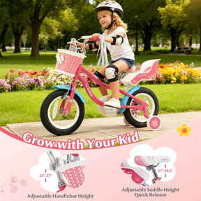 12/14/16/18" Girls Bike with Basket, Doll Seat & Streamers, Removable Training Wheels, Adjustable Kids Bicycle for Ages 3-8 Children Gift