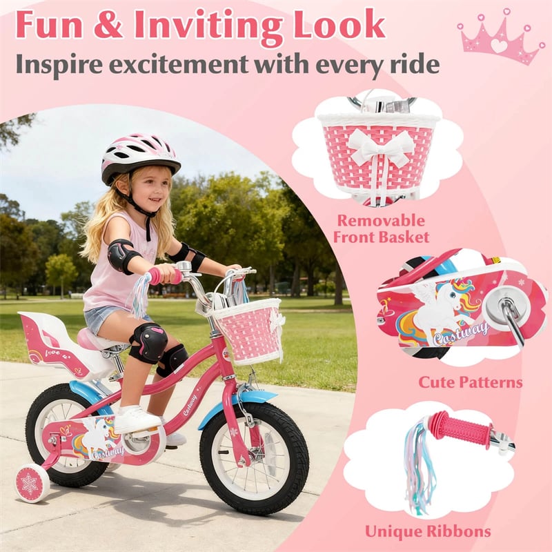 12/14/16/18" Girls Bike with Basket, Doll Seat & Streamers, Removable Training Wheels, Adjustable Kids Bicycle for Ages 3-8 Children Gift