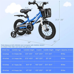 12-20 Inch Kids Bike with Removable Training Wheels, Basket & Bell for 3-8 Years Old Boys Girls, Adjustable Children Bicycle