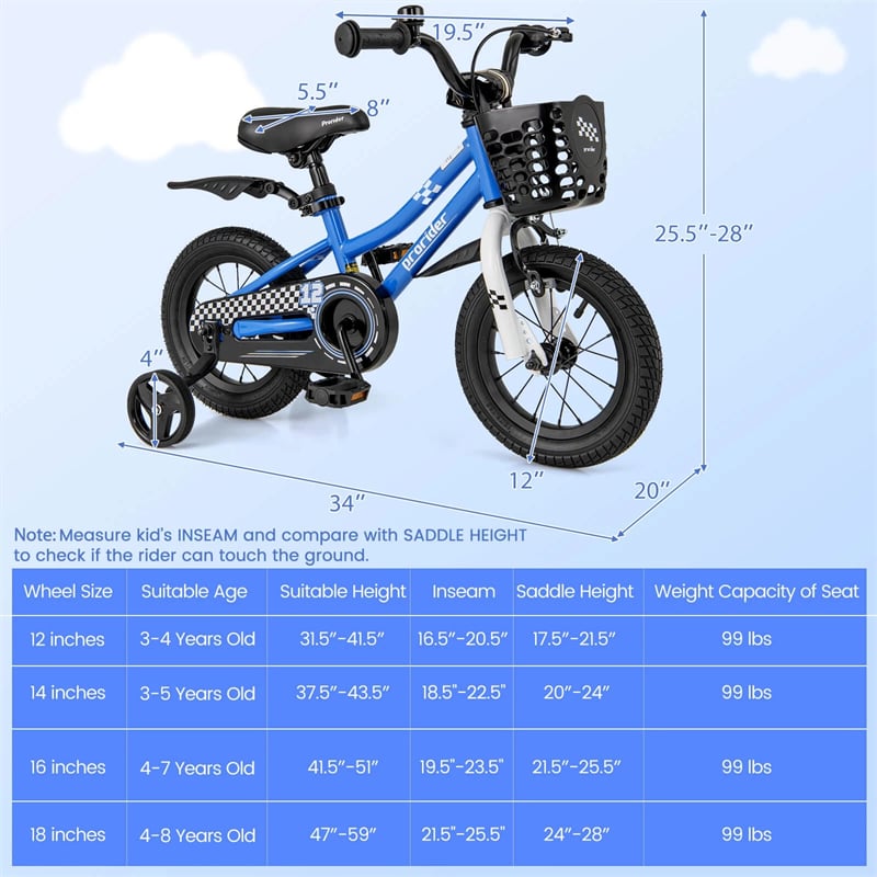 12-20 Inch Kids Bike with Removable Training Wheels, Basket & Bell for 3-8 Years Old Boys Girls, Adjustable Children Bicycle