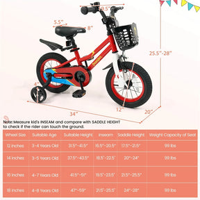 12-20 Inch Kids Bike with Removable Training Wheels, Basket & Bell for 3-8 Years Old Boys Girls, Adjustable Children Bicycle