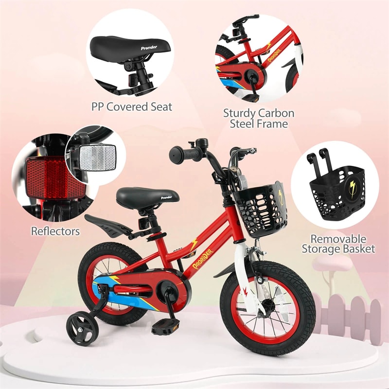 12-20 Inch Kids Bike with Removable Training Wheels, Basket & Bell for 3-8 Years Old Boys Girls, Adjustable Children Bicycle
