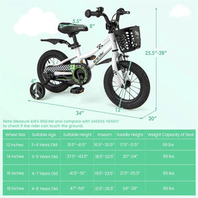 12-20 Inch Kids Bike with Removable Training Wheels, Basket & Bell for 3-8 Years Old Boys Girls, Adjustable Children Bicycle