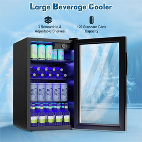 120 Can Beverage Refrigerator Cooler, 3.2 Cu.Ft Built-In & Freestanding Beer Wine Soda Drink Mini Fridge w/ Glass Door, LED Light, Adjustable Shelves