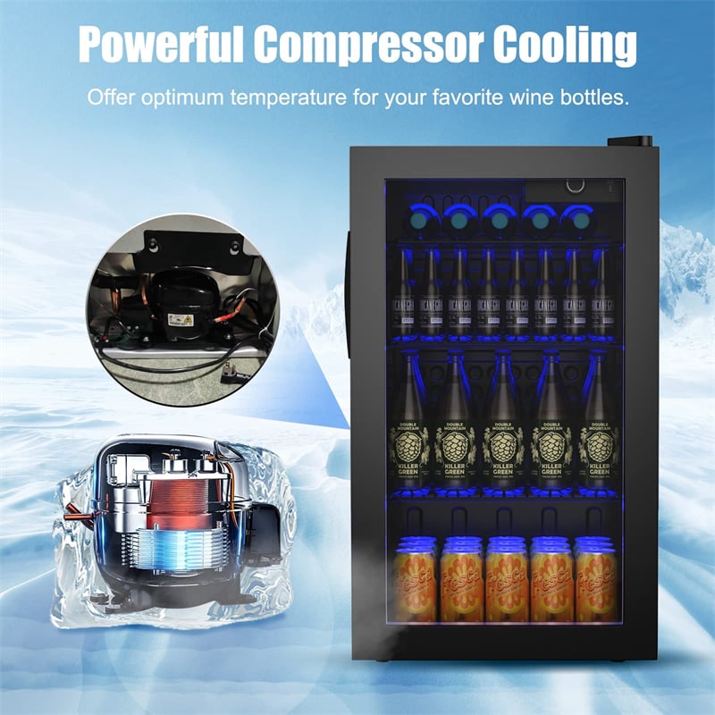 120 Can Beverage Refrigerator Cooler, 3.2 Cu.Ft Built-In & Freestanding Beer Wine Soda Drink Mini Fridge w/ Glass Door, LED Light, Adjustable Shelves
