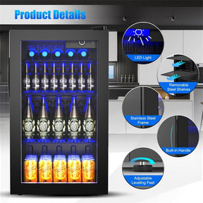 120 Can Beverage Refrigerator Cooler, 3.2 Cu.Ft Built-In & Freestanding Beer Wine Soda Drink Mini Fridge w/ Glass Door, LED Light, Adjustable Shelves