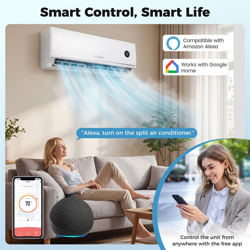 12000 BTU 18.1 SEER2 Mini Split Air Conditioner & Heater, WiFi Alexa Enabled Inverter Ductless AC & Heat Pump System, Cools Up to 600 Sq Ft