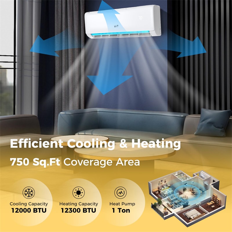 12000 BTU 21 SEER2 Mini Split Air Conditioner & Heater Ductless Inverter System, 208-230V Wall-Mounted AC Unit with Heat Pump