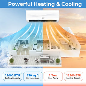 12000 BTU Mini Split Air Conditioner & Heater, Inverter Ductless AC Heat Pump System, Full Installation Kit, Cools up to 750 Sq Ft