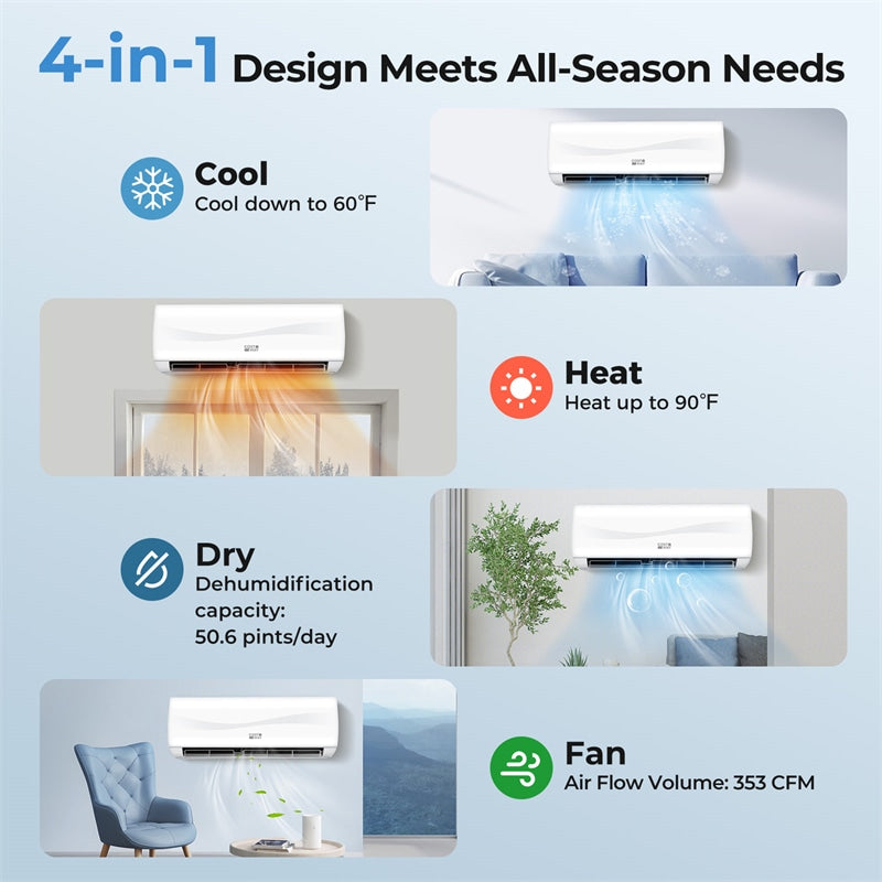 12000 BTU Mini Split Air Conditioner & Heater, Inverter Ductless AC Heat Pump System, Full Installation Kit, Cools up to 750 Sq Ft