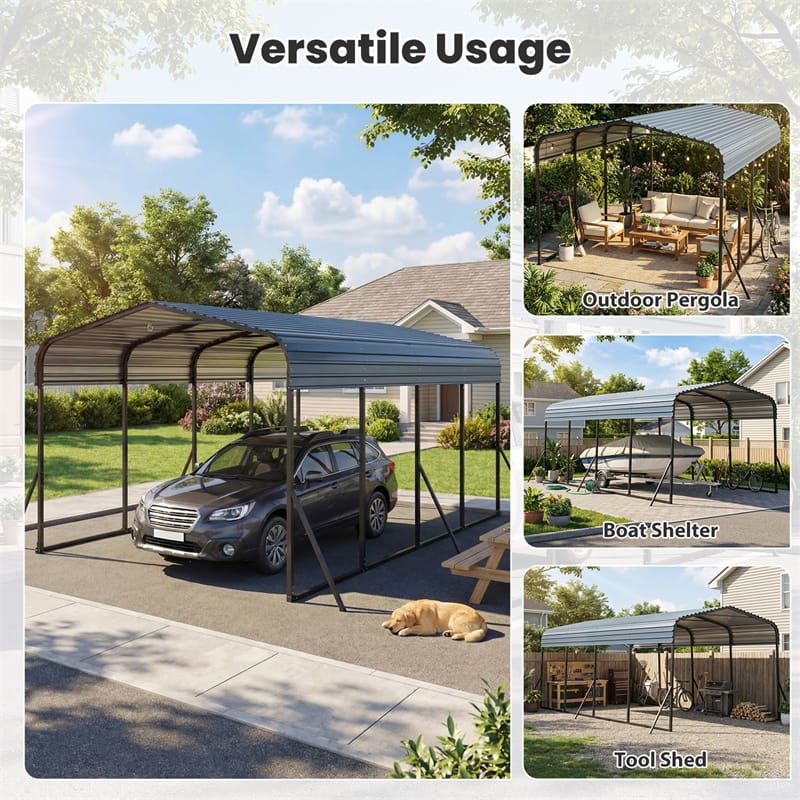 Heavy-Duty Galvanized Steel Carport, Hardtop Garage Shelter with Leak-proof Roof & Slant Legs, Outdoor Car Canopy Tent for Trucks & Boats