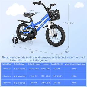 12-20 Inch Kids Bike with Removable Training Wheels, Basket & Bell for 3-8 Years Old Boys Girls, Adjustable Children Bicycle