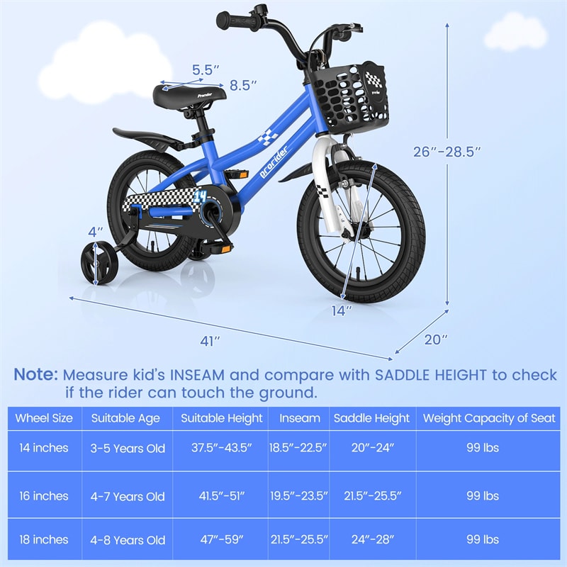 12-20 Inch Kids Bike with Removable Training Wheels, Basket & Bell for 3-8 Years Old Boys Girls, Adjustable Children Bicycle