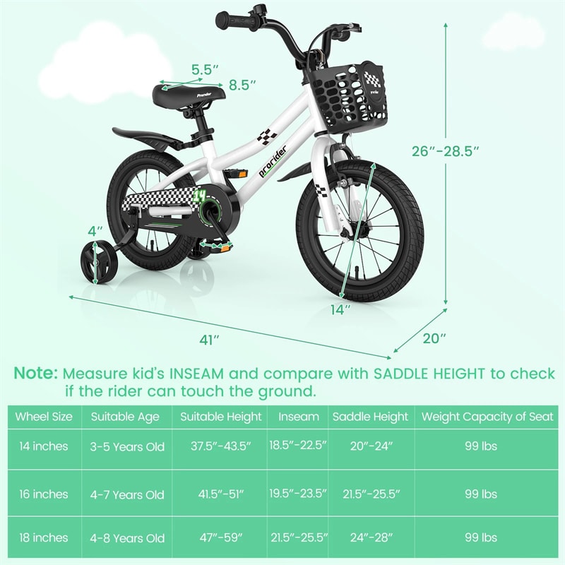 12-20 Inch Kids Bike with Removable Training Wheels, Basket & Bell for 3-8 Years Old Boys Girls, Adjustable Children Bicycle