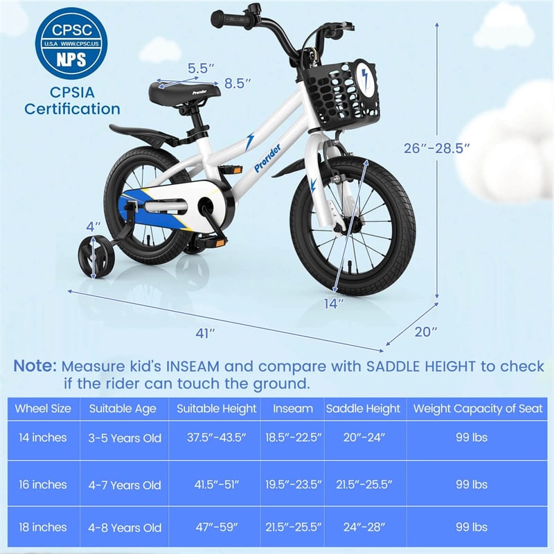 12-20 Inch Kids Bike with Removable Training Wheels, Basket & Bell for 3-8 Years Old Boys Girls, Adjustable Children Bicycle