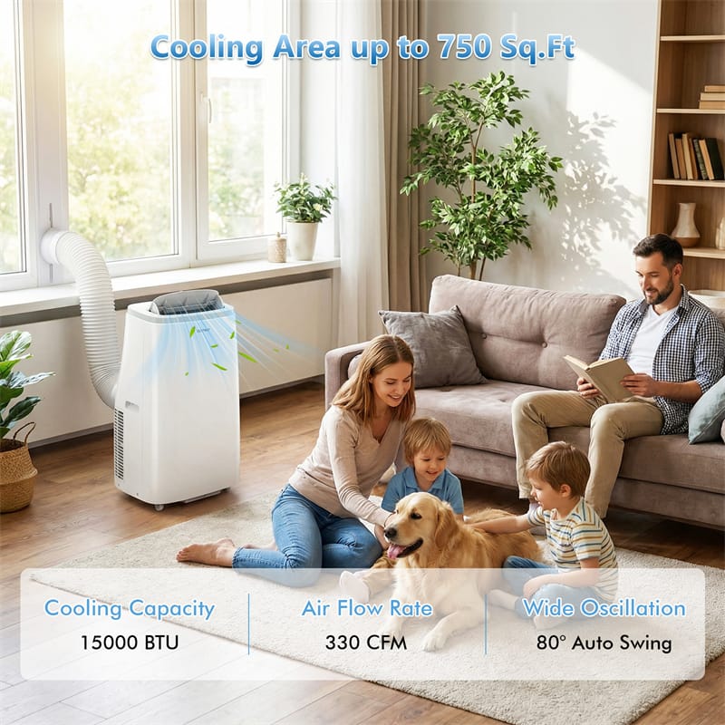 15000 BTU Portable Air Conditioner with WiFi & APP Control, 4-in-1 AC Unit with Fan, Dehumidifier & Sleep Mode, 24H Timer, Cools up to 750 Sq.Ft