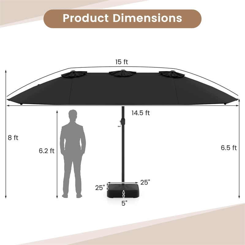 15FT Double Sided Patio Umbrella with Cross Base & Crank, Extra Large Steel Outdoor Market Umbrella UV Protection for Backyard, Poolside