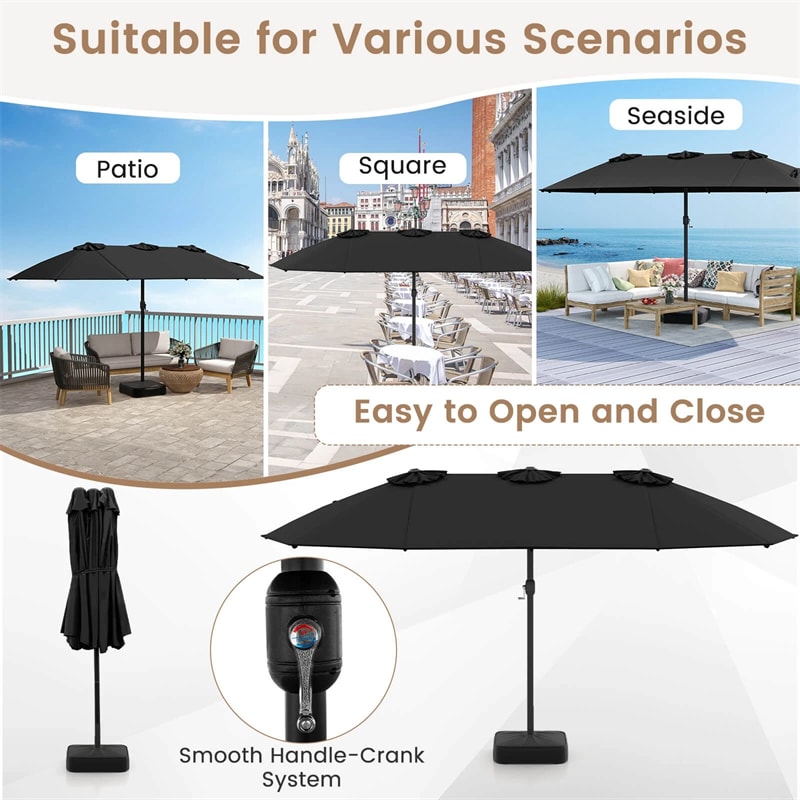 15FT Double Sided Patio Umbrella with Cross Base & Crank, Extra Large Steel Outdoor Market Umbrella UV Protection for Backyard, Poolside