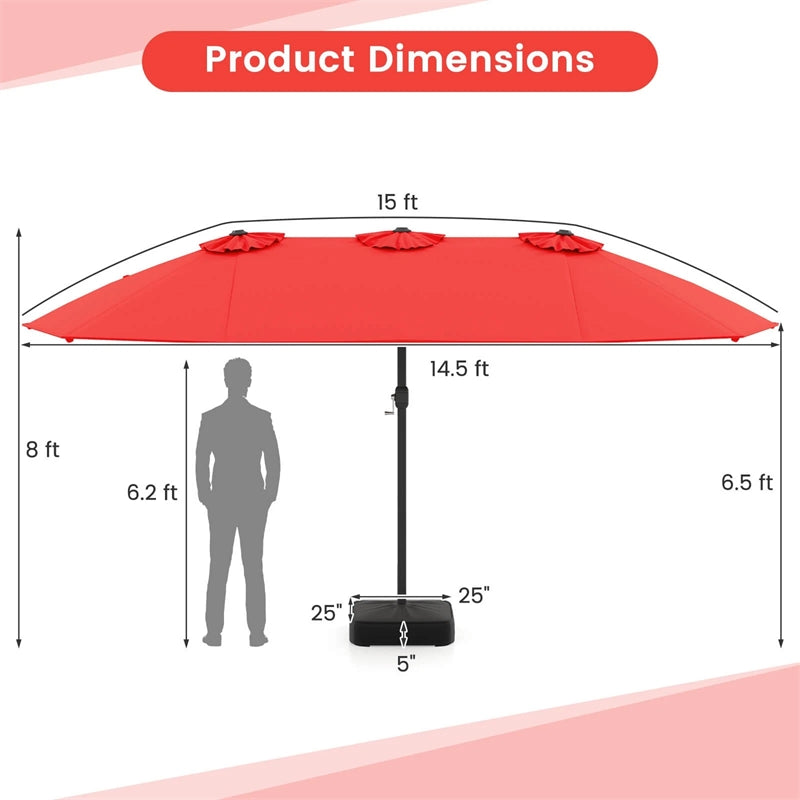 15FT Double Sided Patio Umbrella with Cross Base & Crank, Extra Large Steel Outdoor Market Umbrella UV Protection for Backyard, Poolside