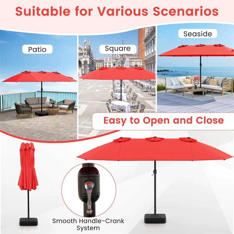 15FT Double Sided Patio Umbrella with Cross Base & Crank, Extra Large Steel Outdoor Market Umbrella UV Protection for Backyard, Poolside