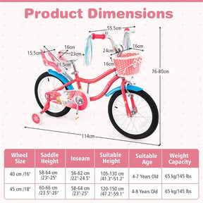 12/14/16/18" Girls Bike with Basket, Doll Seat & Streamers, Removable Training Wheels, Adjustable Kids Bicycle for Ages 3-8 Children Gift